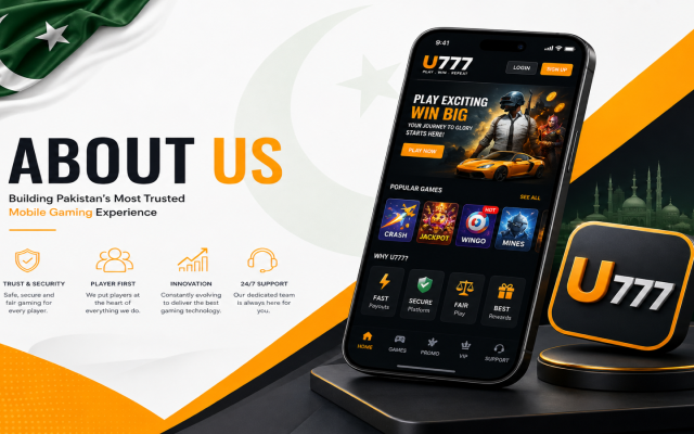 About U777 Game — professional mobile gaming company serving Pakistan players with orange and black branding