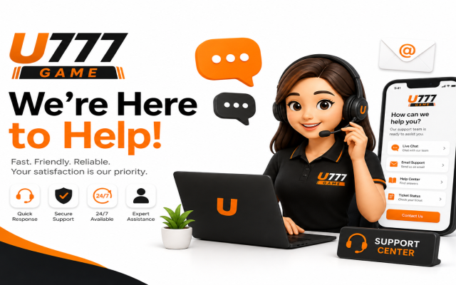 Contact U777 Game support — customer help desk with headset, chat, email, and smartphone assistance