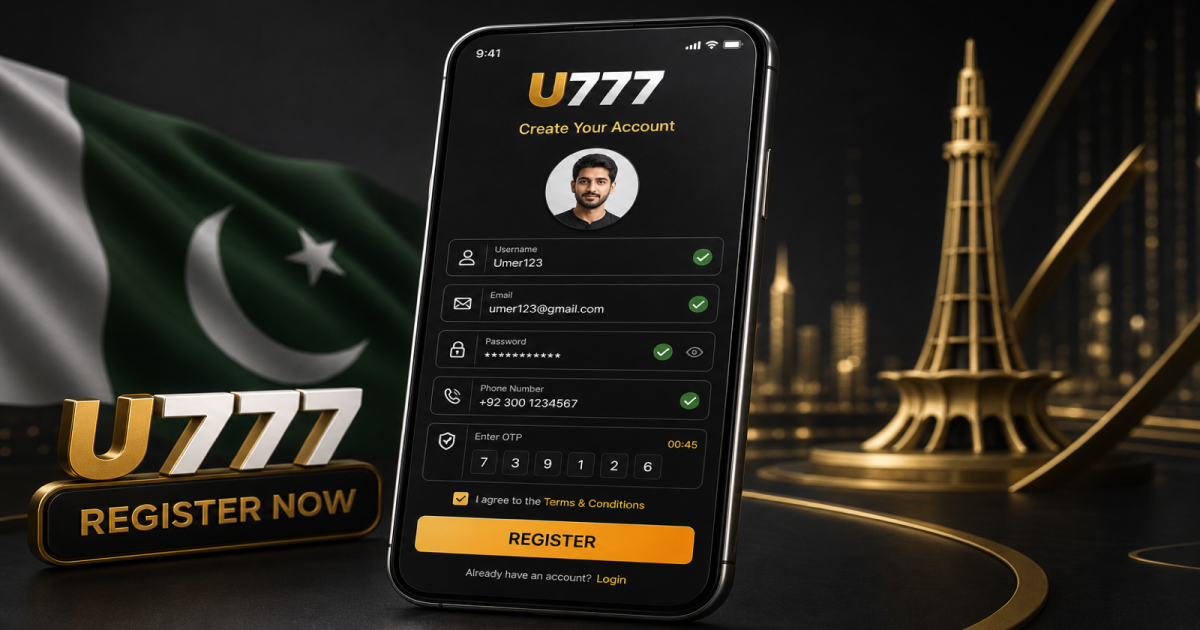 U777 Registration guide with smartphone registration screen, user profile and verification icons in Pakistan theme